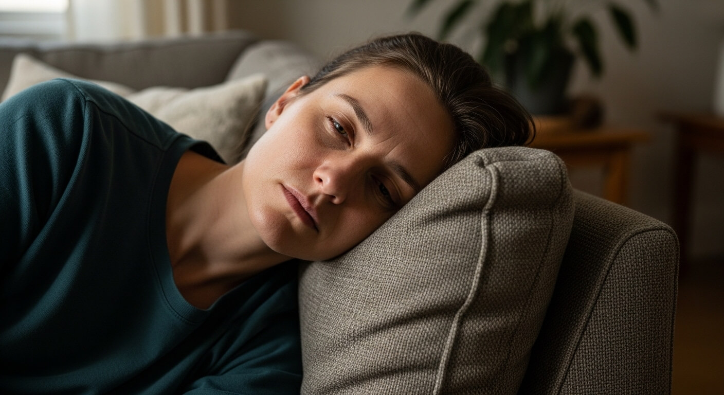Woman resting her head on a gray couch cushion, appearing tired or contemplative indoors.