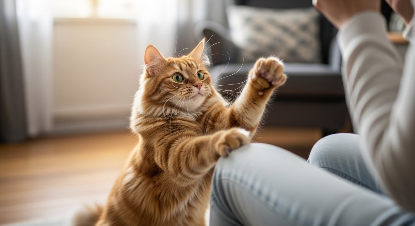 Orange tabby cat reaching up with paws toward person sitting on couch indoors