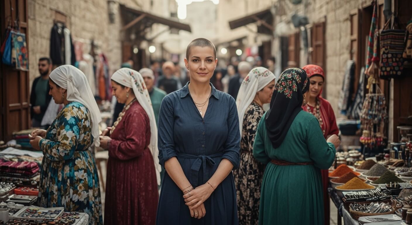 Woman with shaved head in a blue dress standing in a busy traditional market with women in colorful dresses and headscarves shopping around her