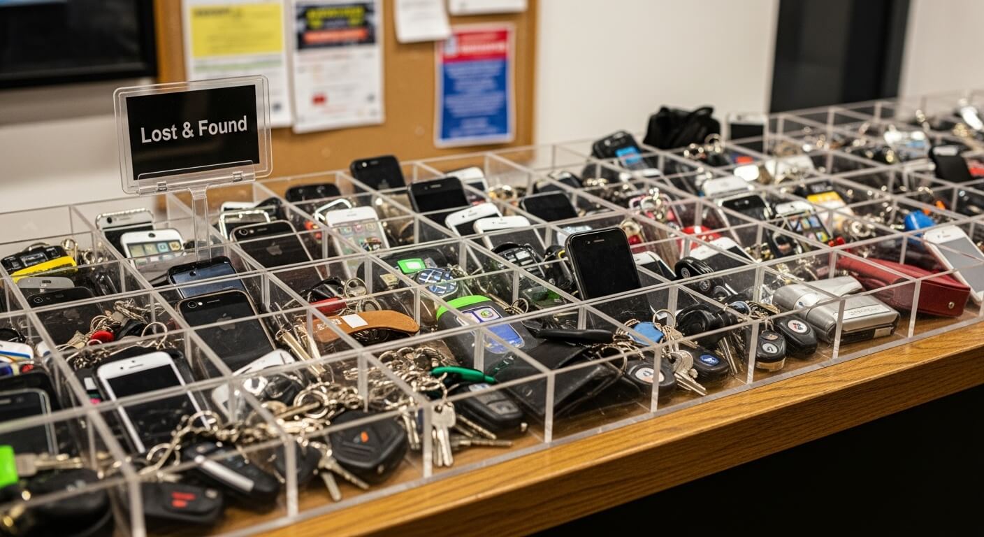 Lost and Found bin with multiple smartphones, car keys, and keychains organized in clear compartments on a wooden table.
