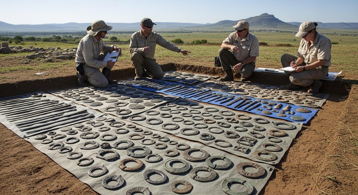 Four archaeologists examining and documenting ancient metal artifacts laid out on mats at an excavation site.