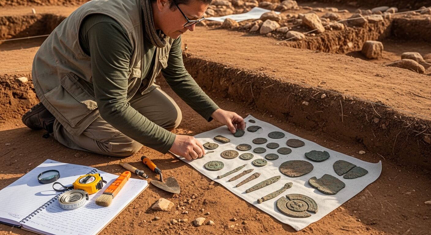 Archaeologist arranging ancient metal artifacts on a cloth at an excavation site.