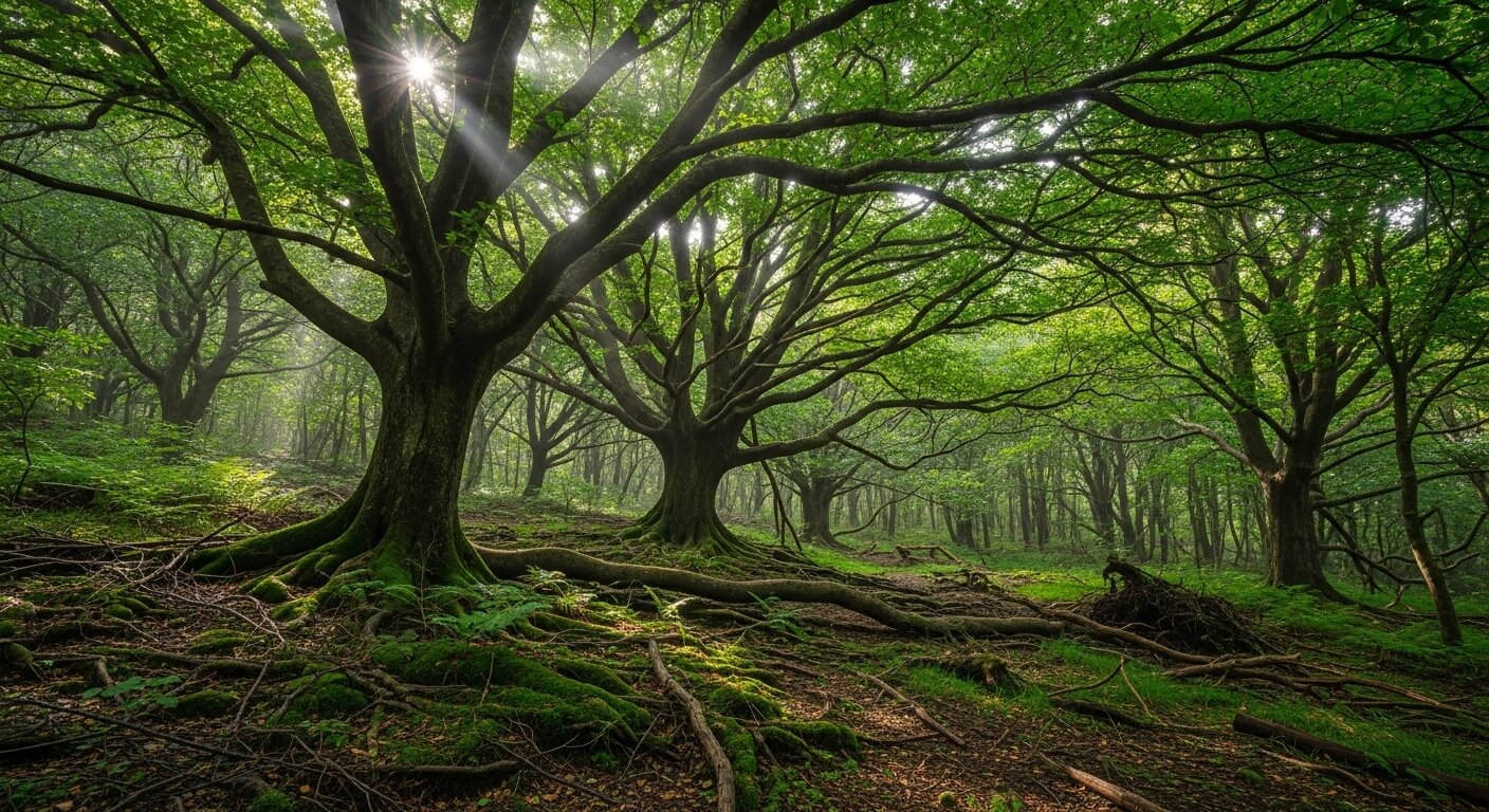 Sunlight filtering through large moss-covered trees with sprawling roots in a dense green forest.