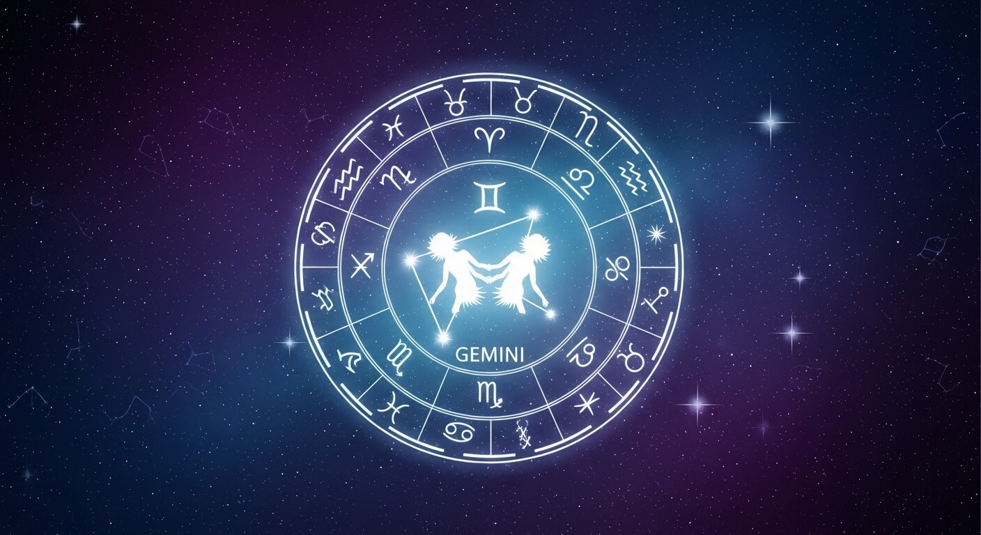 Glowing Gemini zodiac sign with twin figures in a circular star chart against a starry night sky background.