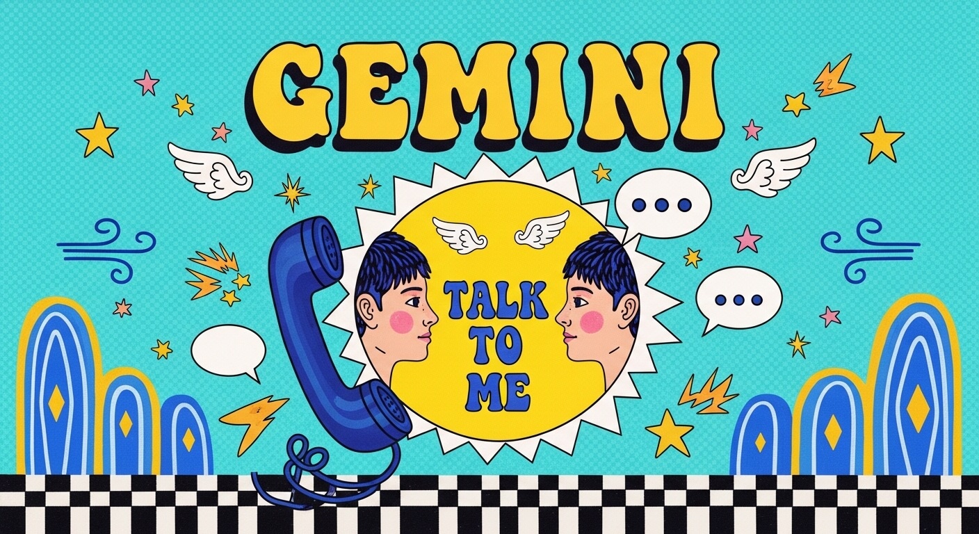 Gemini zodiac sign illustration with two identical faces, a blue phone, and text "Talk to me" on a yellow sun background.