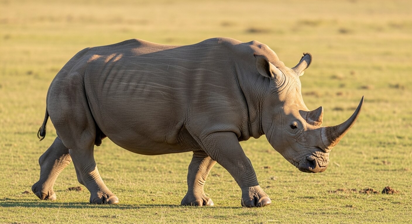 White rhinoceros walking on grassy plain in natural habitat during daylight