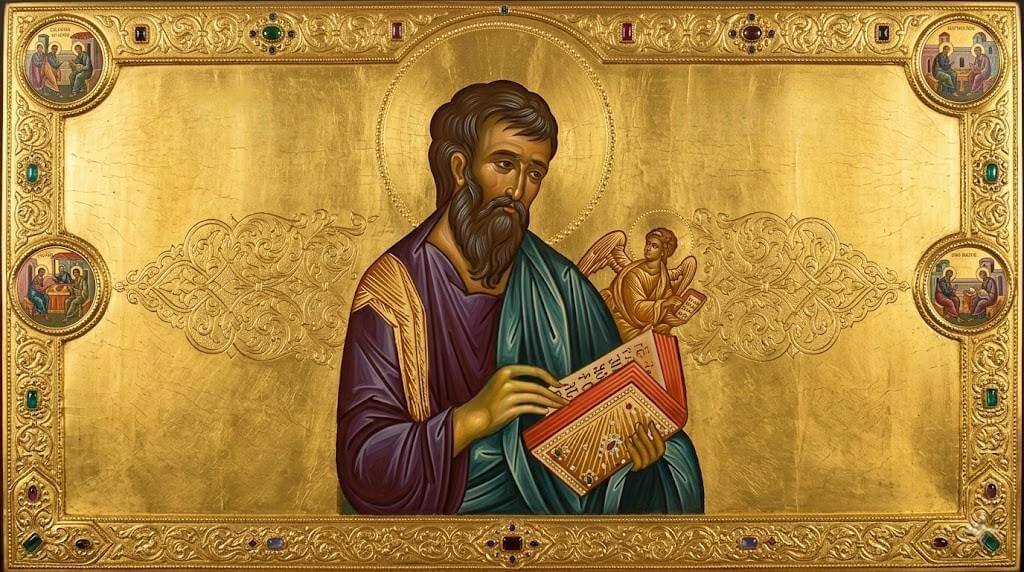 Saint Luke the Evangelist holding a book with an angel above, framed by an ornate gold border with four small religious scenes.