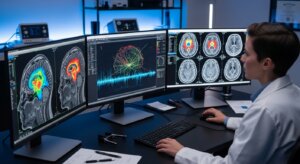 Scientist analyzing colorful brain scans and neural network data on three computer monitors in a lab.