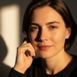 Young woman with short brown hair resting her face on her hand, lit by warm sunlight against a dark background.