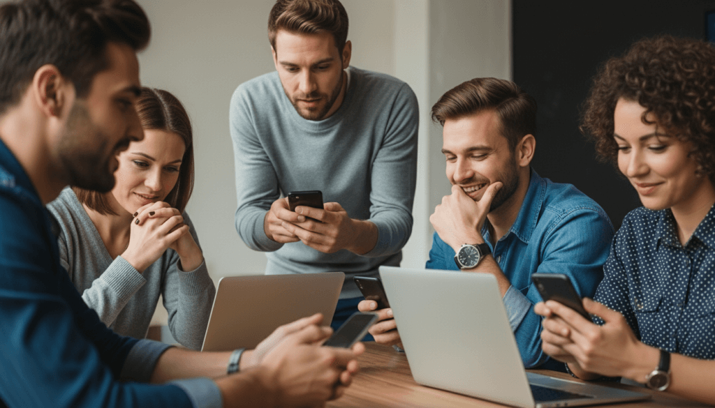 Group of five young adults using smartphones and laptops while collaborating at a wooden table