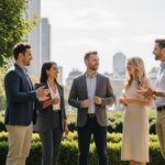 Five young professionals in business attire having a conversation outdoors in a city park.