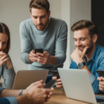 Group of five young adults using smartphones and laptops while collaborating at a wooden table