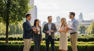 Five young professionals in business attire having a conversation outdoors in a city park.