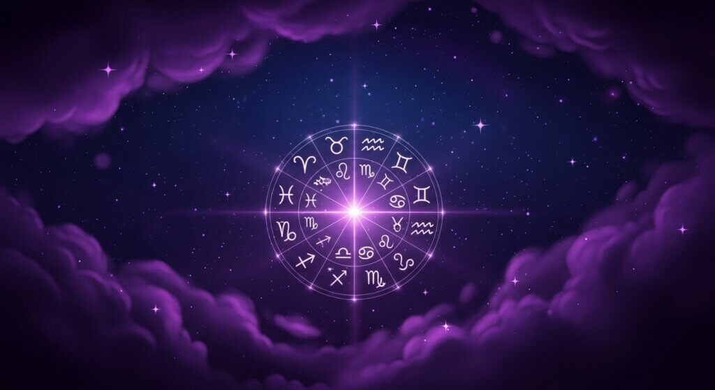 Glowing zodiac wheel with all astrological signs surrounded by purple clouds and stars in a night sky.