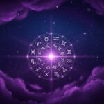 Glowing zodiac wheel with all astrological signs surrounded by purple clouds and stars in a night sky.