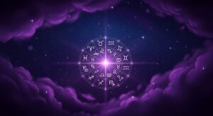 Glowing zodiac wheel with all astrological signs surrounded by purple clouds and stars in a night sky.