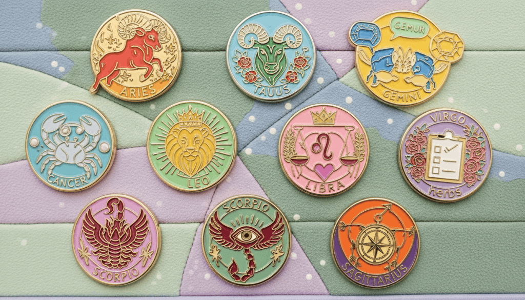 Colorful enamel pins featuring zodiac signs Aries, Taurus, Gemini, Cancer, Leo, Libra, Virgo, Scorpio, and Sagittarius on a pastel background