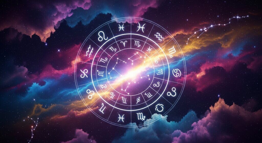Zodiac wheel with astrological signs and constellations against a colorful cosmic background.