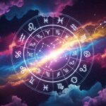 Zodiac wheel with astrological signs and constellations against a colorful cosmic background.