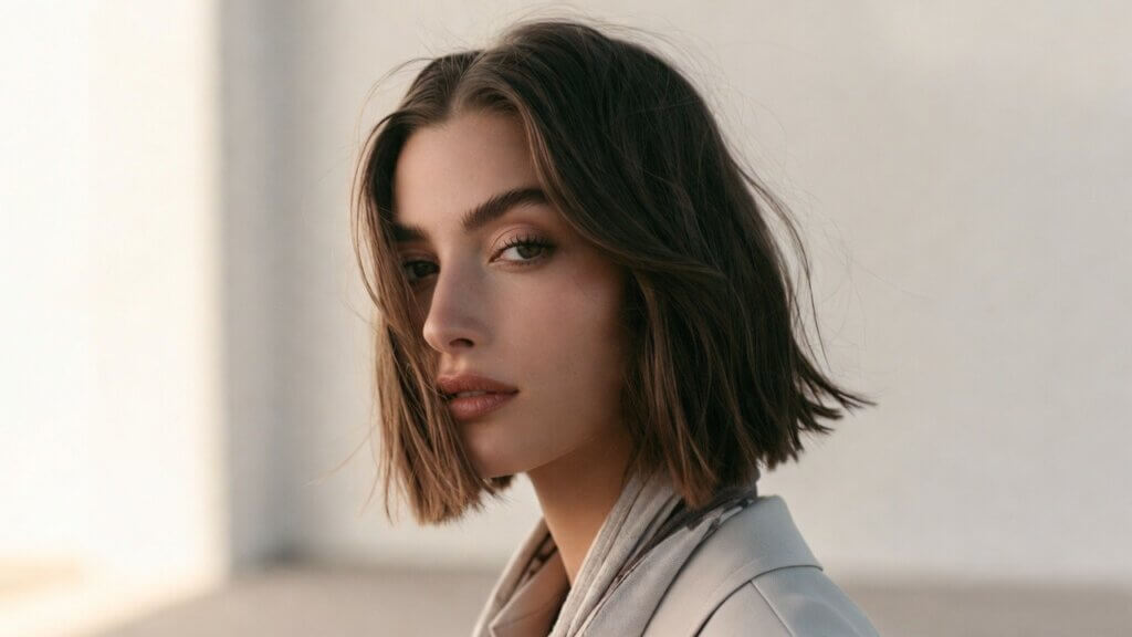 Young woman with short brown hair wearing a light-colored blazer and scarf, looking at the camera