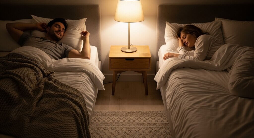 Man and woman sleeping in separate beds with a nightstand and lamp between them in a dimly lit room