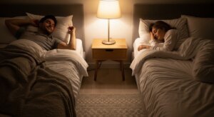 Man and woman sleeping in separate beds with a nightstand and lamp between them in a dimly lit room
