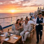Group of people enjoying drinks on a cruise ship deck at sunset with a waitress serving appetizers