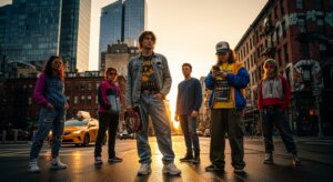 Group of six young people wearing casual streetwear and sunglasses standing on a city street at sunset