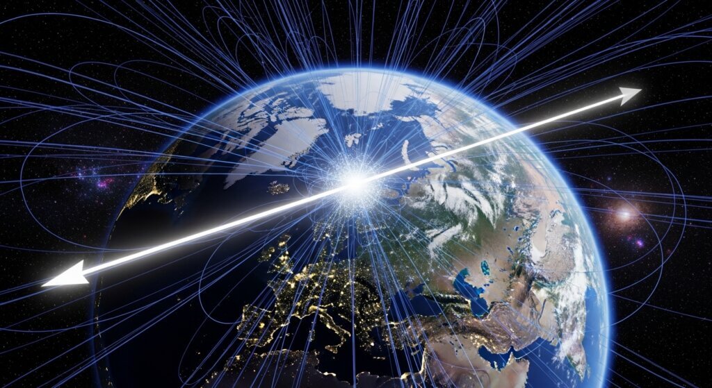 Earth viewed from space showing magnetic field lines and the geomagnetic axis with arrows.