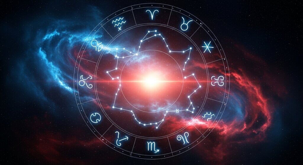 Zodiac wheel with glowing astrological symbols and star constellations against a cosmic background.