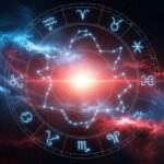 Zodiac wheel with glowing astrological symbols and star constellations against a cosmic background.