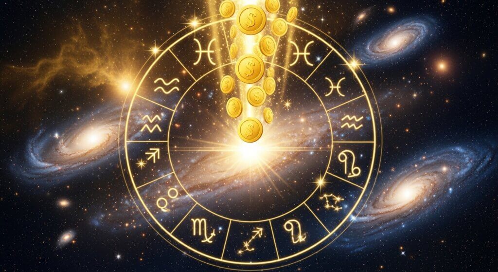 Zodiac wheel with glowing astrological signs and falling gold coins against a galaxy background.