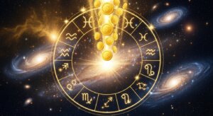 Zodiac wheel with glowing astrological signs and falling gold coins against a galaxy background.