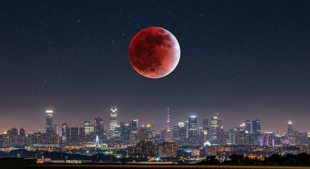 Blood moon lunar eclipse over a brightly lit modern city skyline at night with a starry sky.