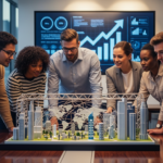 Diverse business team examining futuristic city model with global network and growth charts on screen in office meeting room.