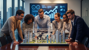 Diverse business team examining futuristic city model with global network and growth charts on screen in office meeting room.