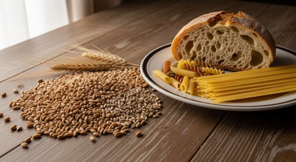 Whole wheat grains with wheat stalks next to a plate holding sliced bread and various uncooked pasta types on a wooden table.