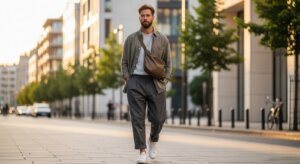 Man walking on city street wearing gray shirt, white sneakers, and brown crossbody bag at sunset