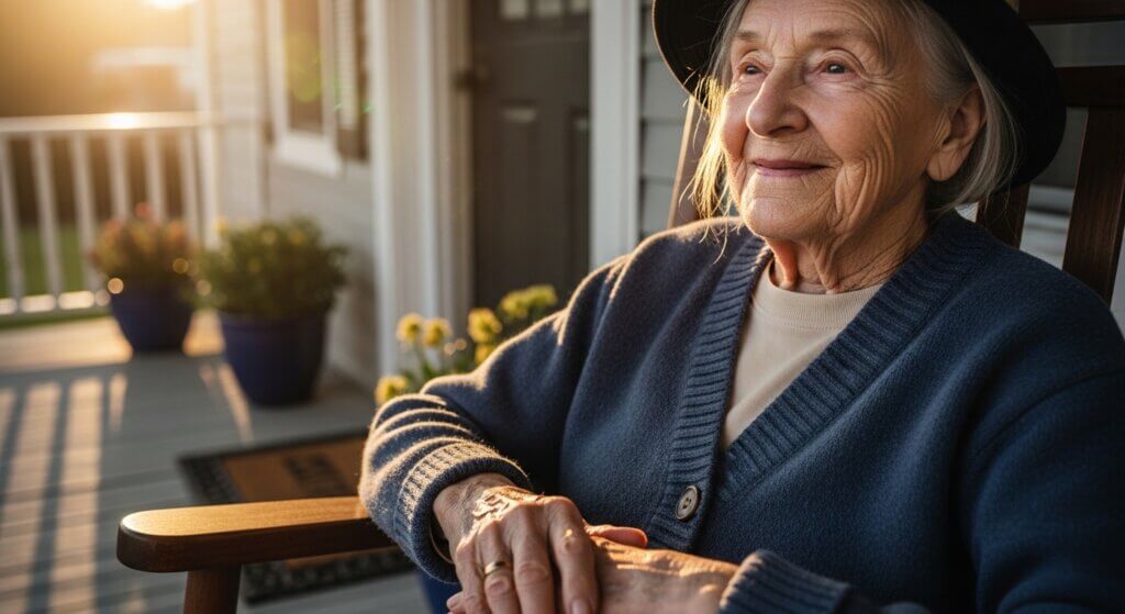 Elderly woman wearing a black hat and blue cardigan sitting on a porch at sunset.