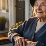 Elderly woman wearing a black hat and blue cardigan sitting on a porch at sunset.