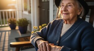 Elderly woman wearing a black hat and blue cardigan sitting on a porch at sunset.