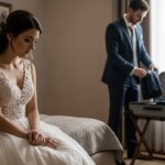 Bride in a white lace wedding dress sitting on a bed while groom in a suit packs a suitcase in a hotel room