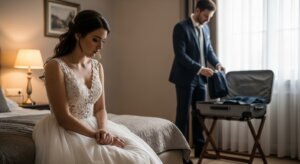 Bride in a white lace wedding dress sitting on a bed while groom in a suit packs a suitcase in a hotel room