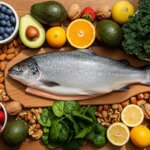 Whole fresh fish on a wooden board surrounded by spinach, strawberries, blueberries, avocados, nuts, citrus fruits, kale, and salmon fillets.