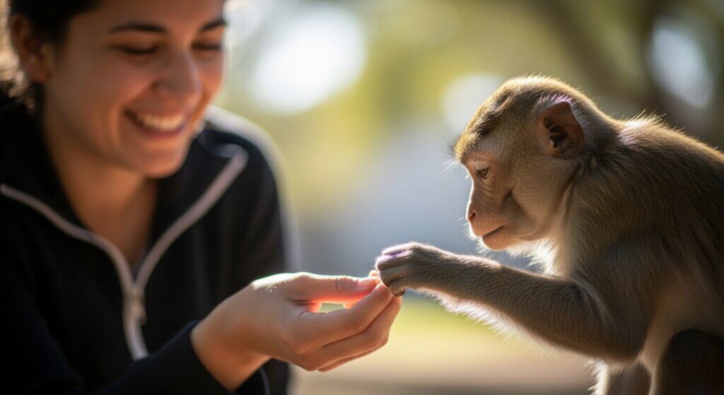 Woman smiling while feeding a monkey that is reaching out to take food from her hand outdoors