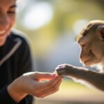 Woman smiling while feeding a monkey that is reaching out to take food from her hand outdoors