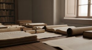 Old books and rolled parchment scrolls spread out on a wooden table in a dimly lit library room.