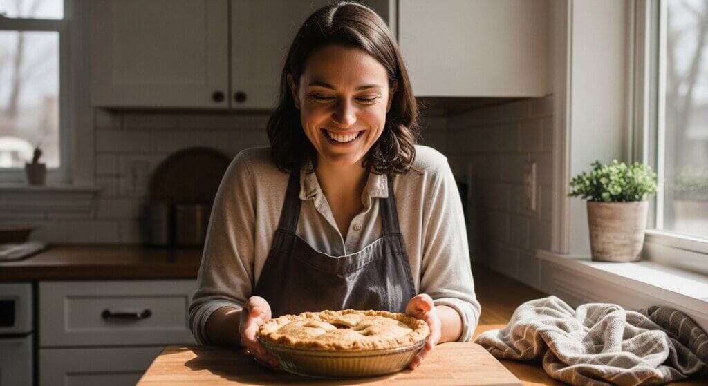Smiling woman in apron holding a freshly baked pie in a bright kitchen near a window with a plant.