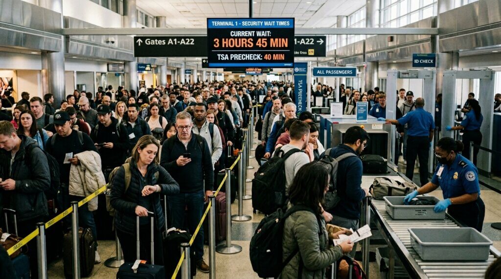 Crowded airport security checkpoint with passengers waiting in line and TSA agents screening luggage under a sign showing 3 hours 45 minutes wait time