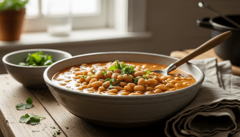 Bowl of white bean soup garnished with chopped herbs on a wooden table near a window.